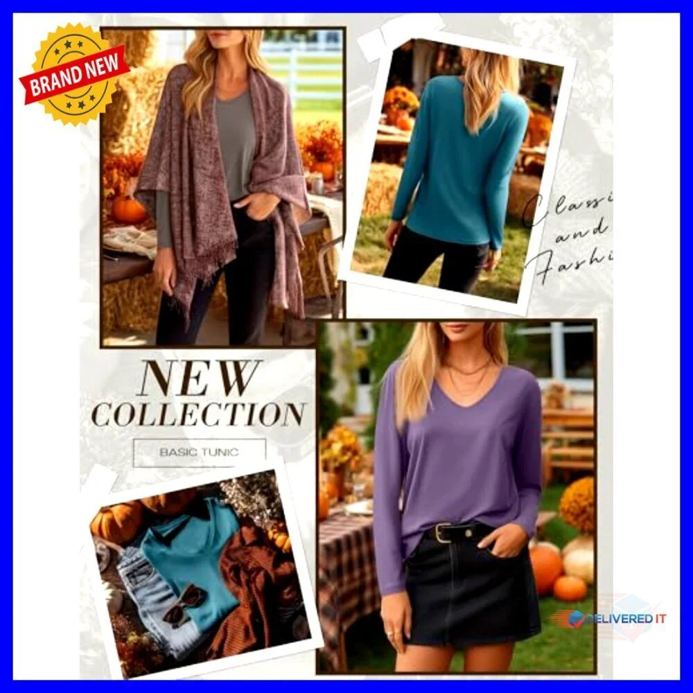 3 Pack Long Sleeve V-Neck T-Shirts, Loose Fit Casual Tops, Soft Polyester Blend - Picture 2 of 7